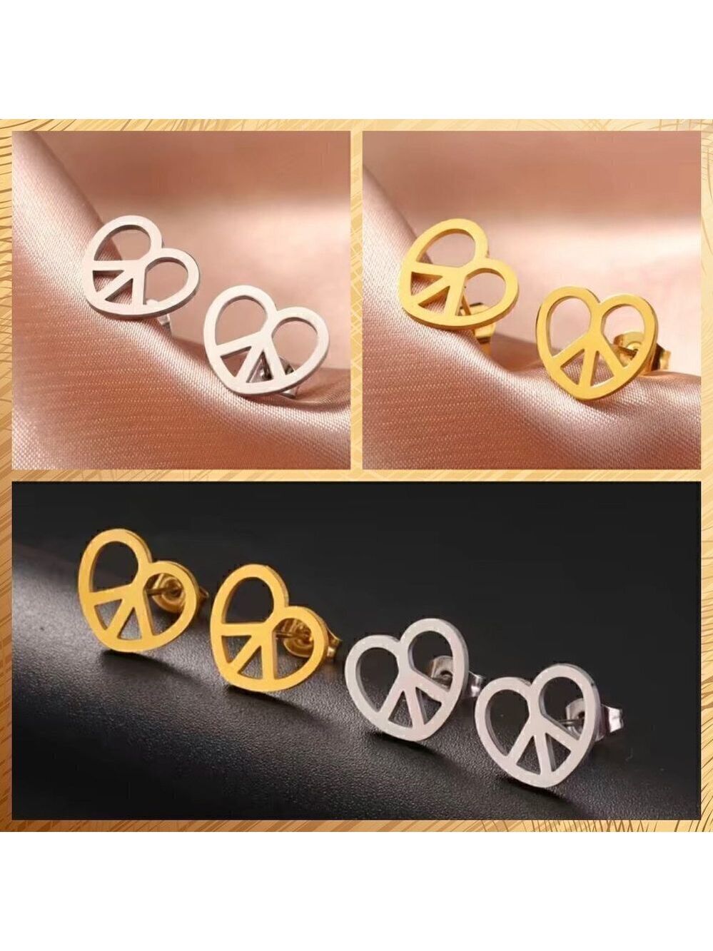 Peace Sign and Heart Stainless Steel Stud Earrings #1213